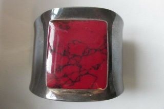 Vintage Large Red Jasper 925 Sterling Silver Wide Cuff Bracelet Mexico 56.  6 G