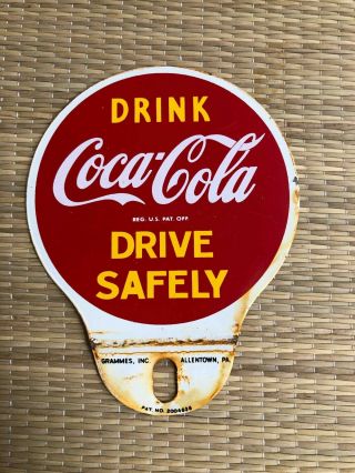Vintage Drink Coca - Cola Drive Safely Tin Advertising Soda License Plate Topper