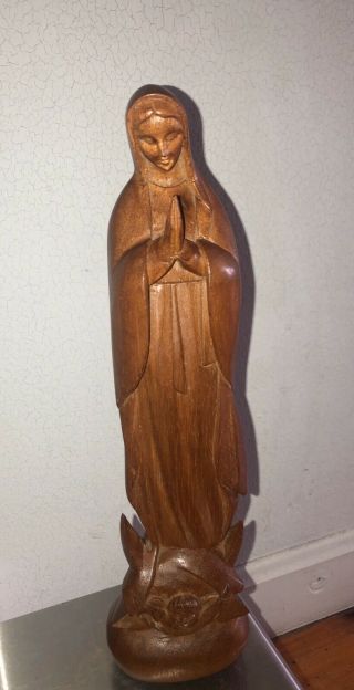 VTG Wood Carved Virgin Mother Mary J.  (Jose) Pinal Mexico Statue Folk Art 10.  5” 2
