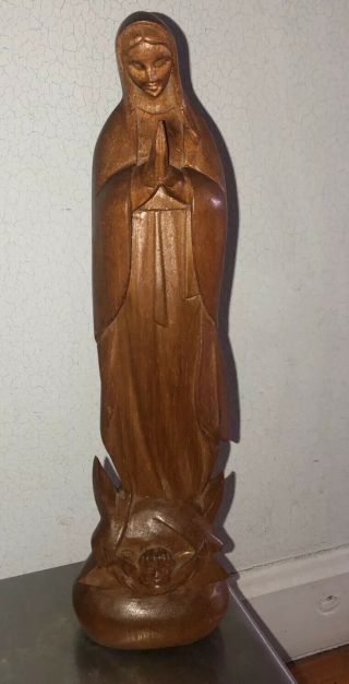 VTG Wood Carved Virgin Mother Mary J.  (Jose) Pinal Mexico Statue Folk Art 10.  5” 3