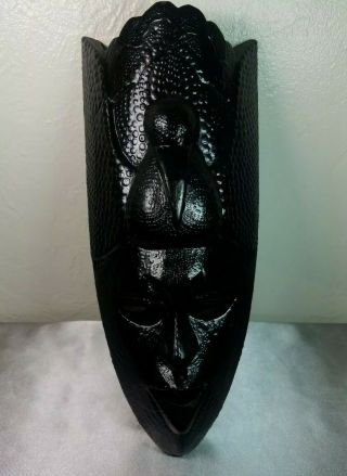 Carved Wood Tribal Mask Hand Painted Black Bird & Face Wall Hanging Home Decor