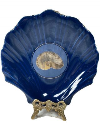 Vintage Otagiri Nautilus Shell Dish Trinket Bowl Tray Cobalt Blue Gold Trim