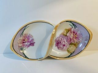 Vintage Rs Germany Porcelain Trinket Dish With Handle Hand Painted Flowers 8”x4
