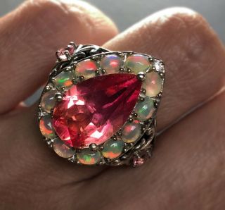Vtg Estate Fancy Pink Bi - Color Tourmaline & Fire Welo Opals Sterling Silver Ring