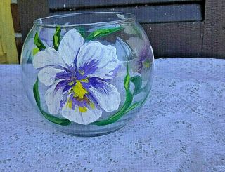 Clear Glass Vase/flower Bowl With Hand Painted Flowers (orchid) 4 " Estate