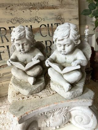 Gorgeous Bookend Cement Garden Cherub Angel Putti Reading Books Vintage