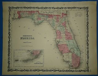 Vintage 1862 Florida Map Old Antique Johnson 