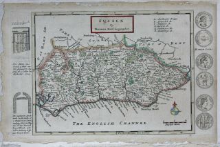 Sussex County Map By Herman Moll Copper Engraved Map C.  1724
