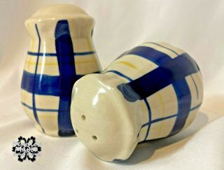 Vintage Blue & Yellow Plaid Striped Hand Painted Salt & Pepper Shakers