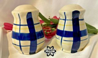 Vintage Blue & Yellow Plaid Striped Hand Painted Salt & Pepper Shakers 2