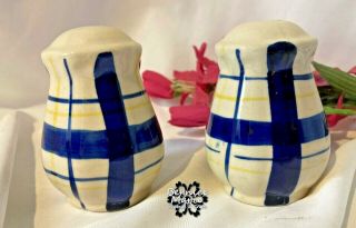 Vintage Blue & Yellow Plaid Striped Hand Painted Salt & Pepper Shakers 3