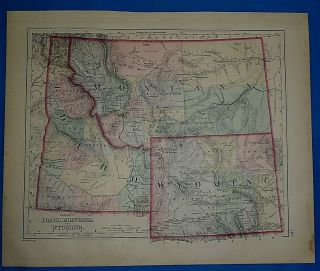 Vintage 1882 Atlas Map Idaho Montana Wyoming Territory Old Antique Authentic
