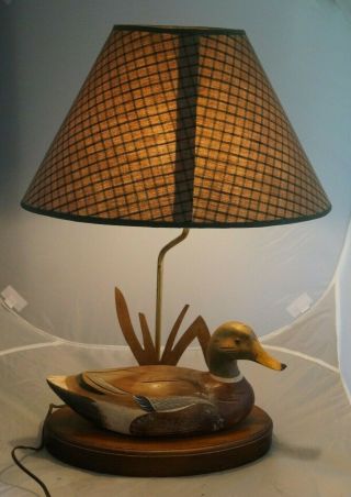 Vintage 1970s Hand Carved & Painted Wood Mallard Duck Decoy Electric Table Lamp