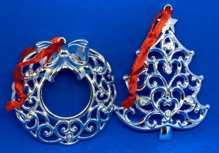 (2) Lenox Silver - Plated " Sparkle And Scroll " Christmas Ornaments - Wreath & Tree