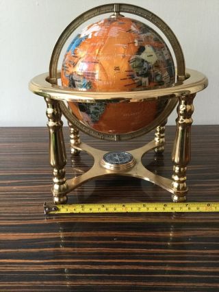 Globe Semi - Precious Stone World Globe On Brass Stand With Compass 10” H