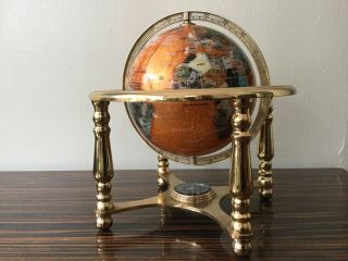 Globe Semi - Precious Stone World Globe on Brass Stand with Compass 10” H 2