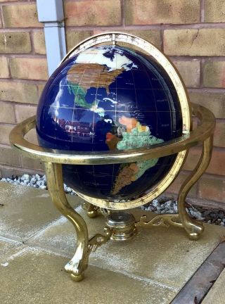 Large Semi Precious Gemstone World Globe On Stand With Compass