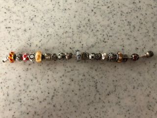 Pandora Vintage Sterling Silver Bracelet With 16 Charms And 2 Clips