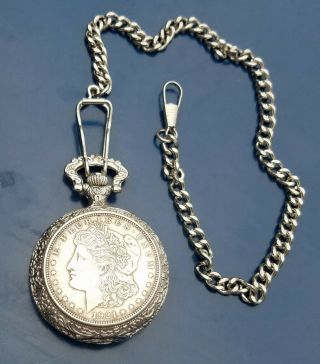 Vintage 1921 Morgan Silver Dollar Pocket Watch Case & Chain Quartz Watch Japan