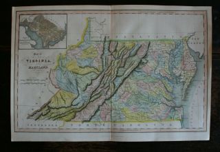 Antique Map Of Virginia And Maryland Hand Coloured Published By J Hinton 1832
