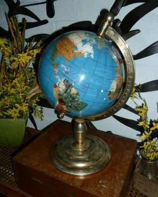 Vintage Semi - Precious Stone World Globe On Brass Stand 16.  5 " Tall - Weighs 4kgs