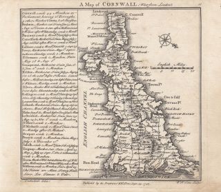 1742 An Antique Printed Map For The County Of Cornwall England Rare