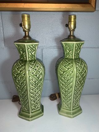 Vintage Pair Green Glazed Ceramic Table Lamps 18” Tall Mcm Woven Lattice Bamboo