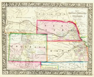 1860 Mitchell Hand Colored Map Colorado,  Nebraska & Kansas - Civil War Era