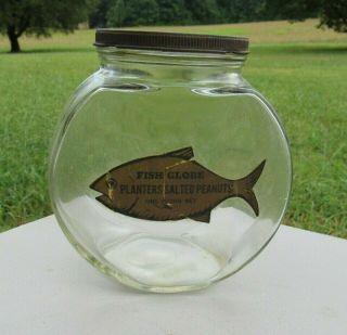 Vintage Planters Fish Globe Jar For Planters Salted Peanuts Paper Label