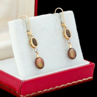 Antique Vintage Deco Mid Century Style 14k Gold Tahitian Pearl Diamond Earrings
