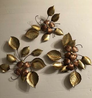 Set Of 3 Vintage Home Interior Brass & Copper Metal Dogwood Flower Wall Hanging