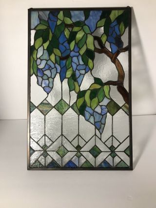 Vintage Leaded Stained Glass Hanging Window Panel 21” X 13” - Wisteria Design