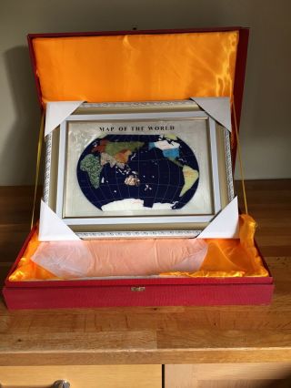 Mother Of Pearl Map Of The World With Semi Precious Stones In Frame And Display.