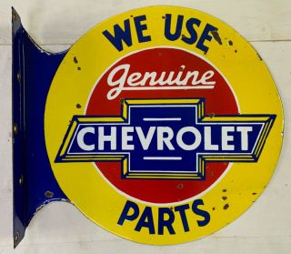 Vintage Porcelain Chevrolet Parts 19”x18” Double Sided Flange Enamel Sign.