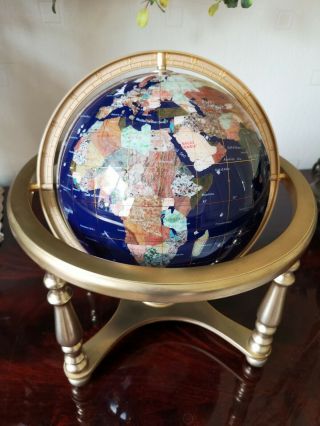Large Semi Precious Gemstone World Globe.  Brass Stand.  Compass To Base.