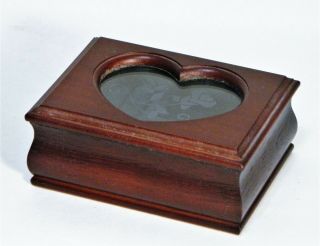 Vtg/Wood Jewelry Box/Heart Glass/Hinged Lid/Etched Flower/Lining/Cottage Chic 3