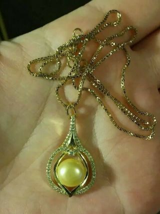 Ethnic 11mm Gold South Sea Pearl 18k Gold/silver Crystal Pendant 18 " Necklace