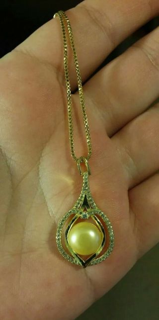 Ethnic 11mm Gold South Sea Pearl 18K Gold/Silver Crystal Pendant 18 