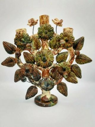 Large Vintage Mexican Tree Of Life Pottery Candelabra Adam Eve Flowers 1424