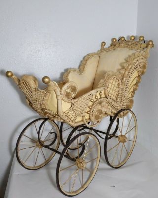Vintage Victorian Baby Doll Stroller Carriage Pram Wicker Metal Wood Wheels