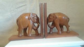 Vintage Pair Solid Elephant Bookends Hand Carved Made In The Philippines