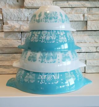 Vtg Pyrex Amish Butterprint Turquoise Cinderella Mixing Bowls - Nesting Set Of 4