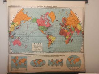 Vintage A.  J Nystrom Pull Down World Map.  Smooth Retraction