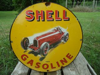 Old Vintage 1934 Shell Gasoline Porcelain Enamel Gas Pump Sign