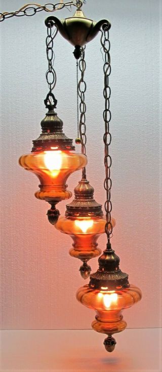 Vintage Mid Century Retro Hollywood Regency 3 Light Swag Hanging Lamp
