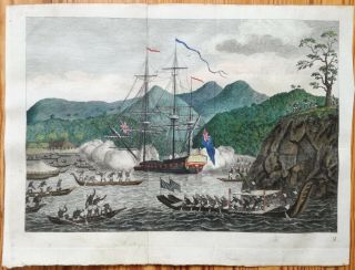 Cook: 1st German Edition Handcolored Print Tahiti English Ship 1774