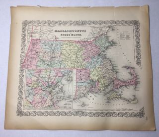 Antique 1855 Massachusetts Rhode Island Boston Map Hand - Colored Colton 