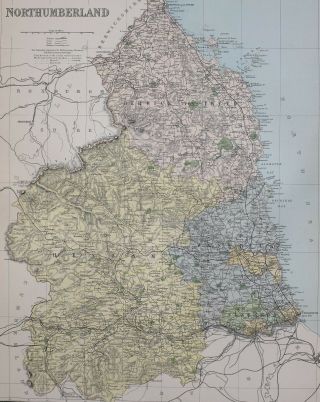 1889 County Map Northumberland Hexham Haltwhistle Morpeth Wooler Alnwick