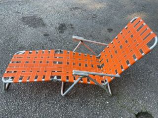 Vintage Aluminum Lounge Chaise Patio Lawn Beach Chair Orange Burst Webbing