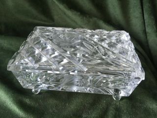 Vintage Press Cut Etched Crystal Glass Footed Dresser Trinket Box With Roses